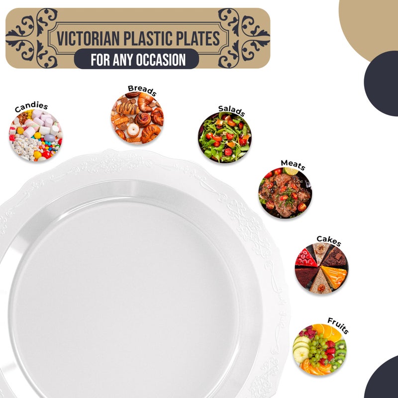 Exquisite Victorian Plastic Plates - 60 Piece Disposable Party Set for 60 Guests - 10 Inch Clear Dessert Plates - Heavy Duty - Image 2